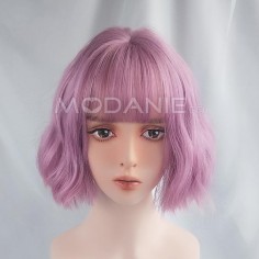 Cheveux postiches courts et bouclés en violette Perruque moderne avec fringe pour cosplay ou se travestir