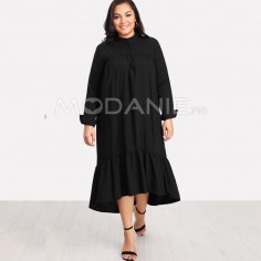 Robe femme grande taille longueur asymétrique avec manche longue Robe noire col haut simple et classique 