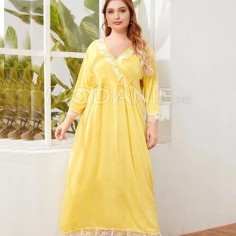 Robe longue ample de la maison col en V avec 3/4 manche Robe jaune évasée femme de grande taille en solde
